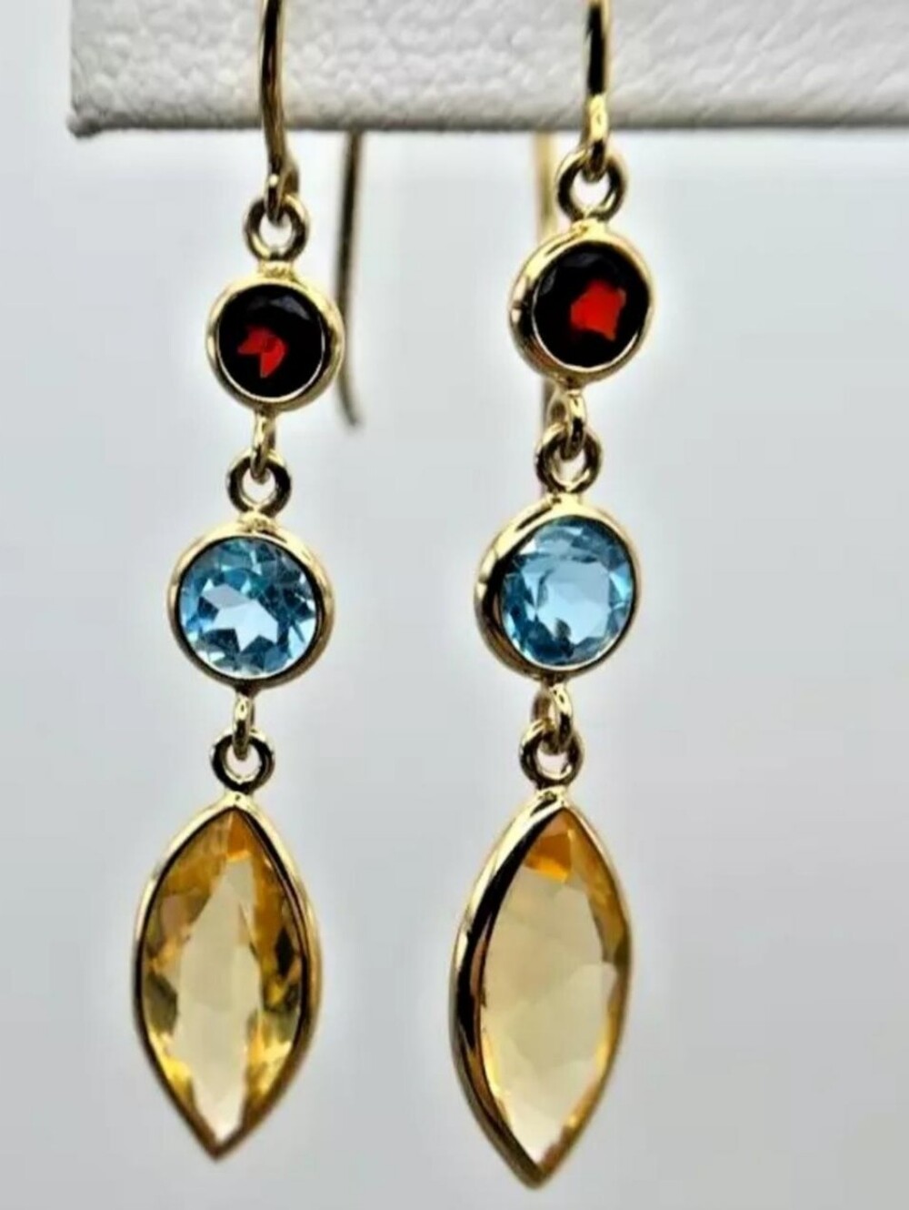 14k Gold Citrine Blue Topaz and Garnet Dangle Earrings